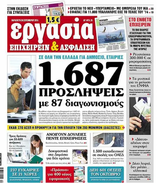 Εφημερίδα Εργασία: 1.687 προσλήψεις με 87 διαγωνισμούς
