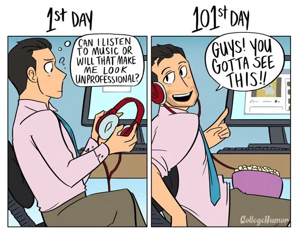 Εργασία και χαρά; 5 κόμικς που δείχνουν τη διαφορά της 1ης μέρας με την...100η!