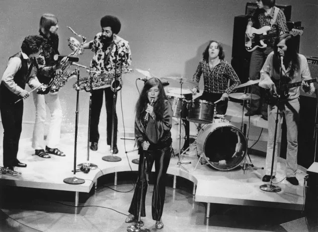 Rock-folk singer Janis Joplin performs with her group in Dec. 1969 at an unknown location. (AP Photo)