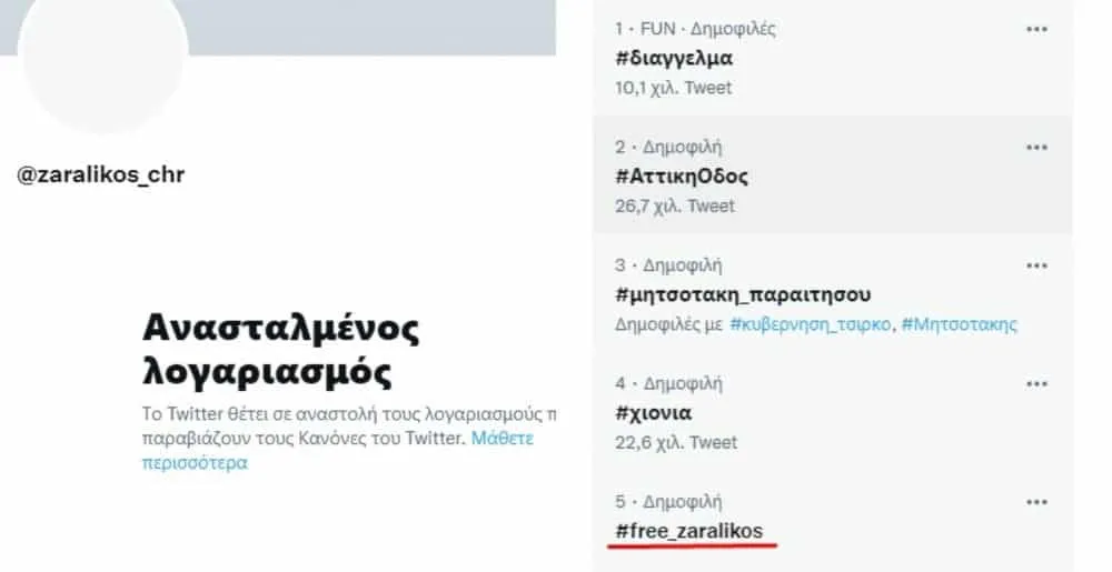 Ζαραλίκος: Έριξαν πάλι τον λογαριασμό του κωμικού στο Twitter - #Free_zaralikos το hashtag του κόσμου